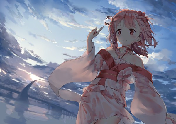 Anime picture 1228x868 with sergestid shrimp in tungkang xuan ying daitai sotogawa (futomomo) single short hair smile red eyes bare shoulders looking away sky cloud (clouds) red hair braid (braids) traditional clothes japanese clothes hair flower wind wide sleeves :> girl
