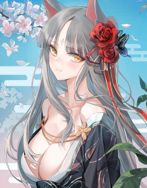 Anime-Bild 2480x3172 mit original emyo single long hair tall image looking at viewer blush fringe highres breasts light erotic large breasts bare shoulders animal ears yellow eyes cleavage upper body traditional clothes japanese clothes hair flower