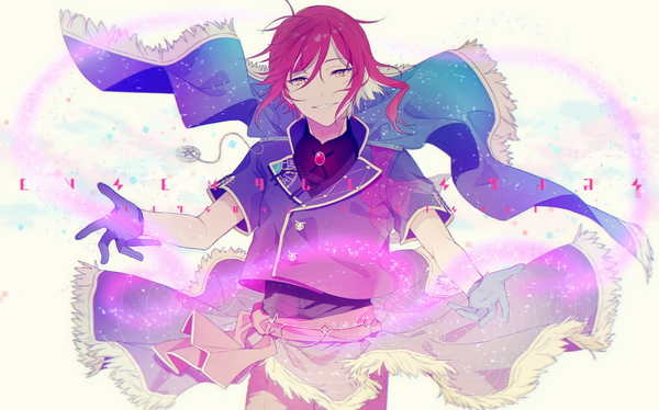 Anime picture 1700x1060 with ensemble stars! sakasaki natsume o-ishi single looking at viewer short hair wide image yellow eyes red hair multicolored hair two-tone hair copyright name character names floating hair spread arms boy gloves black gloves pendant