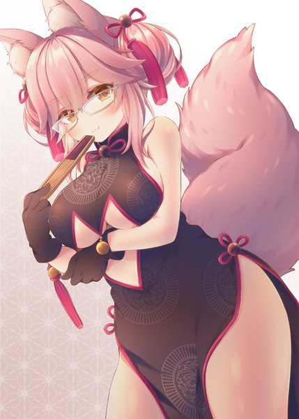 Anime picture 572x800 with fate (series) fate/grand order tamamo (fate) (all) koyanskaya anju (mocomocousagi) single long hair tall image looking at viewer blush fringe breasts light erotic simple background hair between eyes standing bare shoulders holding brown eyes animal ears