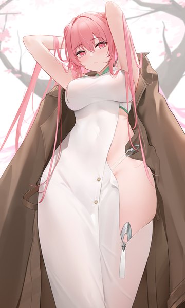 Anime picture 2894x4819 with azur lane perseus (azur lane) qing wu single long hair tall image blush fringe highres breasts light erotic hair between eyes large breasts standing looking away pink hair pink eyes arms up from below no panties