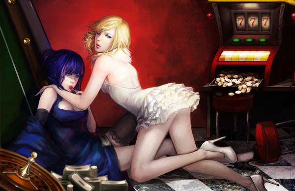 Anime picture 1000x647 with panty & stocking with garterbelt anarchy stocking anarchy panty noa ikeda long hair looking at viewer short hair breasts blue eyes light erotic blonde hair purple eyes bare shoulders multiple girls looking away lips realistic alternate costume sexually suggestive girl