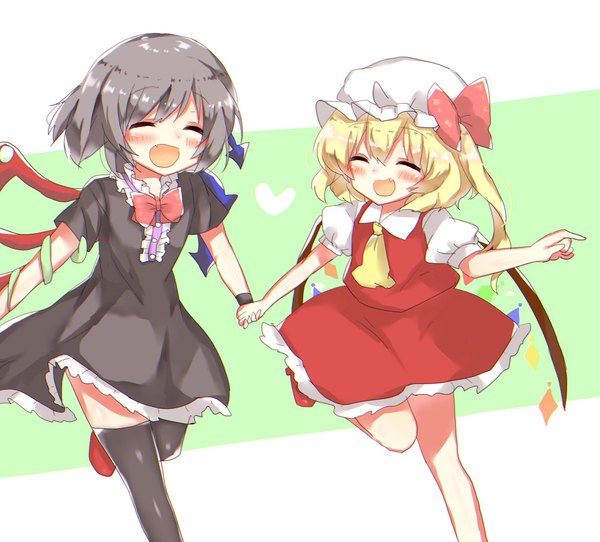 Anime picture 1824x1650 with touhou flandre scarlet houjuu nue rbtt blush fringe highres short hair open mouth simple background white background multiple girls bent knee (knees) eyes closed :d grey hair short sleeves puffy sleeves side ponytail holding hands