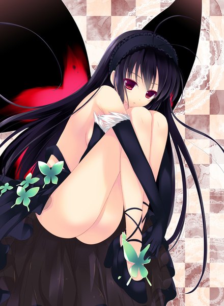 Anime picture 800x1091 with accel world sunrise (studio) kuroyukihime mitsu king single long hair tall image light erotic black hair red eyes bare shoulders ahoge insect wings butterfly wings girl dress gloves wings elbow gloves shoes