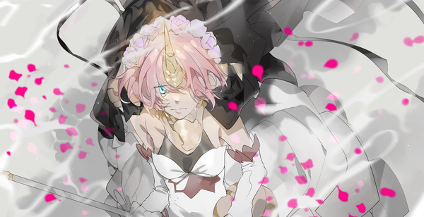 Anime picture 2100x1080 with fate (series) fate/apocrypha frankenstein's monster (fate) emera single looking at viewer fringe highres short hair blue eyes wide image pink hair horn (horns) from above hair over one eye girl dress gloves petals water