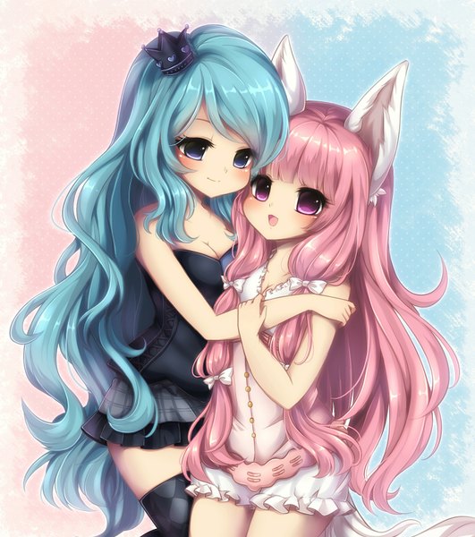 Anime picture 1395x1576 with midna01 long hair tall image blush open mouth simple background smile purple eyes bare shoulders multiple girls animal ears blue hair pink hair tail very long hair animal tail pink eyes hug girl thighhighs