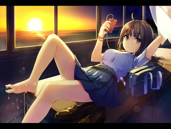 Anime picture 1520x1150 with original unasaka ryou single long hair looking at viewer brown hair brown eyes lying barefoot on back no shoes evening sunset letterboxed horizon girl skirt uniform school uniform miniskirt