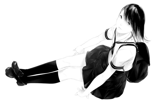 Anime picture 1600x1065 with original sousou (sousouworks) single long hair looking at viewer black hair simple background white background sitting full body black eyes monochrome looking up girl skirt uniform socks serafuku black socks backpack