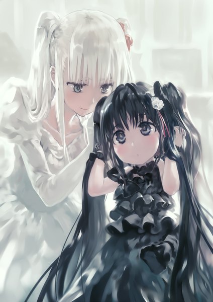 Anime picture 1446x2046 with original bob (biyonbiyon) long hair tall image blush fringe black hair standing twintails multiple girls white hair hair flower leaning leaning forward sleeveless adjusting hair hairdressing girl dress gloves