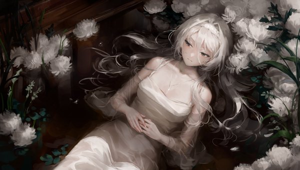 Anime picture 3383x1915 with original sowb single long hair fringe highres hair between eyes wide image bare shoulders looking away white hair from above black eyes partially submerged wet clothes girl dress flower (flowers) water white dress