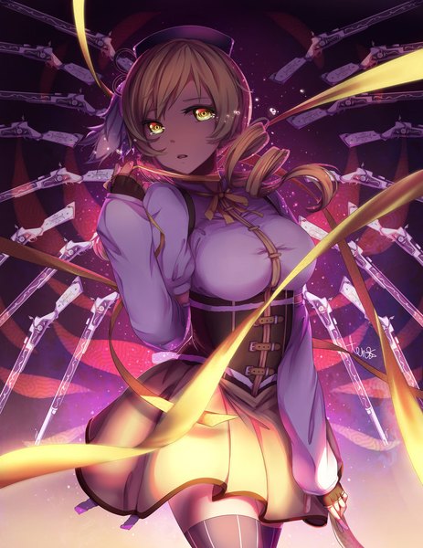 Anime picture 800x1035 with mahou shoujo madoka magica shaft (studio) tomoe mami tenmuki single tall image looking at viewer fringe short hair breasts blonde hair large breasts twintails signed yellow eyes parted lips head tilt tears drill hair fake wings