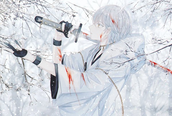 Anime picture 1200x814 with touken ranbu nitroplus tsurumaru kuninaga abandon ranka single long hair holding yellow eyes looking away silver hair upper body profile wide sleeves outstretched arm snowing winter blood on face bloody clothes bloody weapon weapon over shoulder