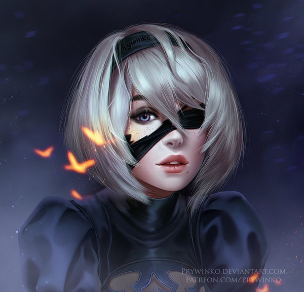 Anime picture 900x865 with nier nier:automata yorha no. 2 type b olga narhova single looking at viewer fringe short hair blue eyes simple background hair between eyes signed silver hair parted lips realistic inscription mole lipstick portrait eyeshadow