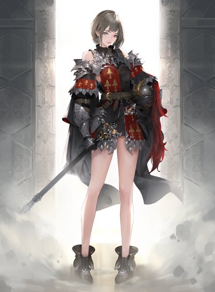 Anime picture 4953x6724 with original jung wonjo single tall image looking at viewer fringe highres short hair brown hair standing bare shoulders holding payot absurdres full body grey eyes smoke sheathed knight helmet removed