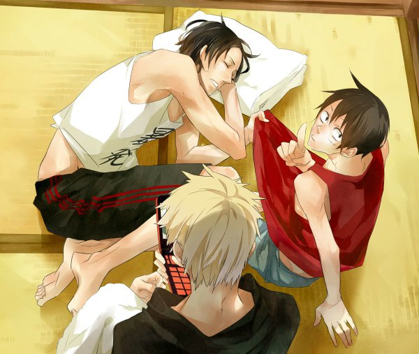 Anime picture 1200x1014 with one piece toei animation monkey d. luffy portgas d. ace sabo (one piece) yuzutaka short hair black hair blonde hair lying eyes closed looking back barefoot from behind looking up scar group sleeping boy pillow