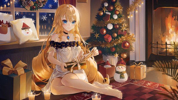 Anime picture 6400x3600 with genshin impact navia (genshin impact) swkl:d single long hair blush fringe highres blue eyes blonde hair smile wide image sitting bare shoulders absurdres full body indoors barefoot drill hair christmas