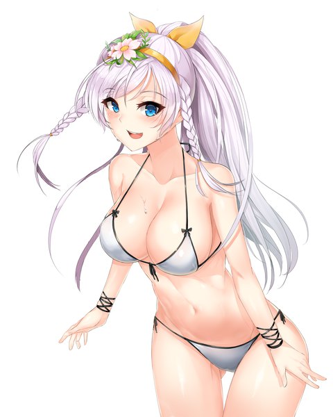 Anime picture 1425x1781 with soccer spirits noa (soccer spirits) moing single long hair tall image blush fringe breasts open mouth blue eyes light erotic simple background hair between eyes large breasts white background looking away cleavage silver hair ponytail