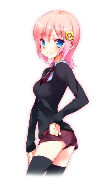 Anime picture 532x878 with original ech single tall image looking at viewer short hair blue eyes light erotic simple background white background pink hair hand on hip girl thighhighs hair ornament black thighhighs shorts hairclip short shorts