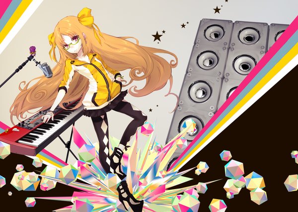Anime picture 2000x1423 with precure suite precure toei animation ako (suite precure) ochakai shinya single long hair highres blonde hair red eyes hand in pocket girl bow hair bow pantyhose glasses star (symbol) microphone piano speakers