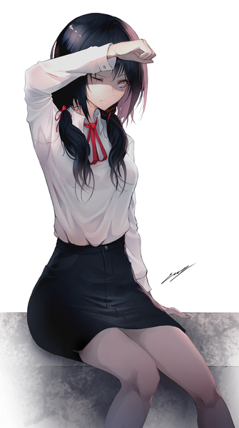 Anime picture 2289x4093 with original erospanda single long hair tall image blush fringe highres breasts blue eyes black hair simple background hair between eyes white background sitting twintails signed payot bent knee (knees) one eye closed