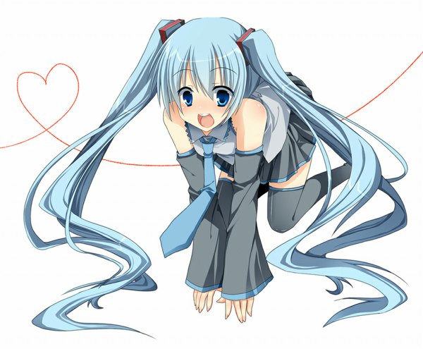 Anime picture 1000x826 with vocaloid hatsune miku sakino saku long hair blush open mouth blue eyes simple background white background twintails bare shoulders blue hair zettai ryouiki girl thighhighs skirt black thighhighs detached sleeves miniskirt necktie