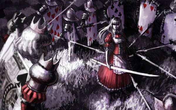 Anime picture 1680x1050 with alice in wonderland long hair red eyes wide image white hair battle girl dress gloves weapon plant (plants) sword frills apron grass crown helmet card (cards) spear