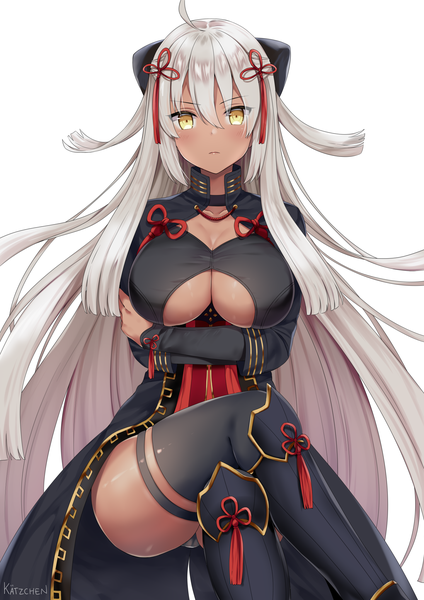 Anime picture 1447x2047 with fate (series) koha-ace okita souji (fate) (all) okita souji alter (fate) kaetzchen single tall image looking at viewer blush fringe breasts light erotic simple background hair between eyes large breasts white background signed yellow eyes payot cleavage