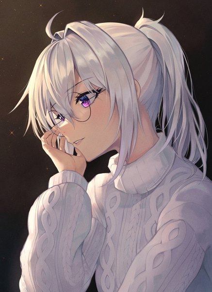 Anime picture 1853x2547 with virtual youtuber waktaverse ine (vtuber) gyungsin single long hair tall image fringe highres simple background hair between eyes purple eyes payot looking away silver hair upper body ahoge ponytail long sleeves parted lips