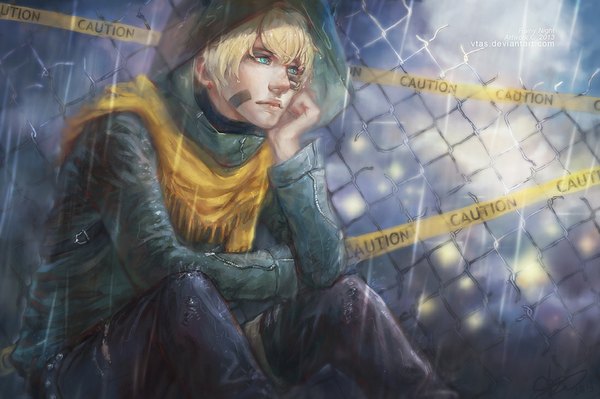 Anime picture 1100x733 with original vtas single fringe sitting looking away aqua eyes lips arm support rain face paint boy earrings jacket scarf hood pants caution tape