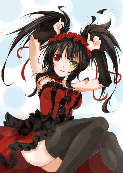 Anime picture 2143x3000 with date a live tokisaki kurumi kamikoto single long hair tall image looking at viewer fringe highres breasts open mouth light erotic black hair simple background smile white background twintails bare shoulders armpit (armpits) heterochromia