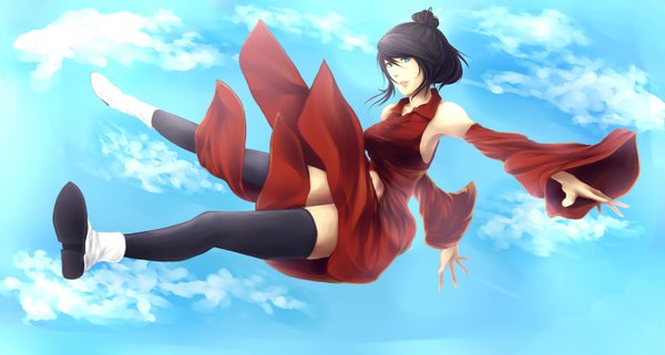 Anime picture 2800x1500 with original aerlai (artist) single highres short hair blue eyes black hair wide image traditional clothes girl thighhighs dress black thighhighs detached sleeves