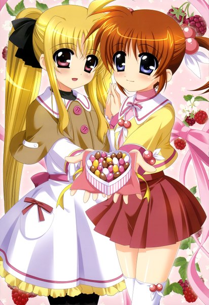 Anime picture 4097x5960 with mahou shoujo lyrical nanoha nyantype fate testarossa takamachi nanoha long hair tall image blush highres open mouth blue eyes blonde hair twintails multiple girls absurdres pink eyes orange hair official art loli girl thighhighs