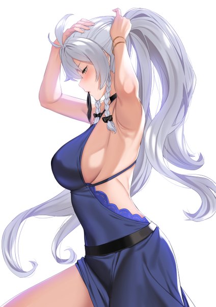 Anime picture 992x1403 with granblue fantasy silva (granblue fantasy) deras single long hair tall image blush fringe breasts light erotic simple background hair between eyes large breasts white background holding yellow eyes looking away silver hair ponytail braid (braids)