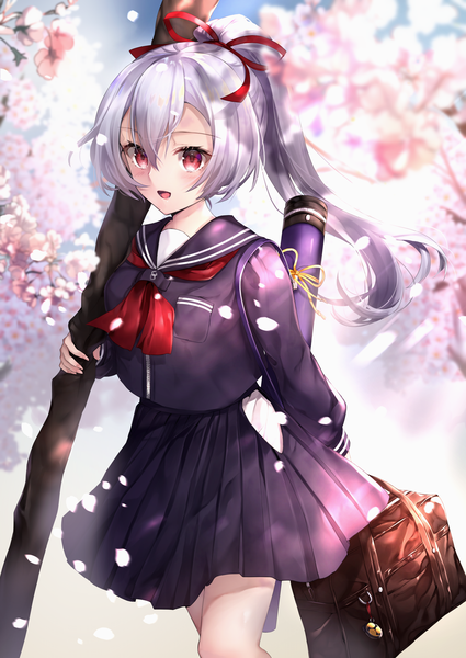 Anime picture 2508x3541 with fate (series) fate/grand order tomoe gozen (fate) hane yuki single long hair tall image looking at viewer blush fringe highres open mouth smile red eyes holding sky silver hair outdoors ponytail :d