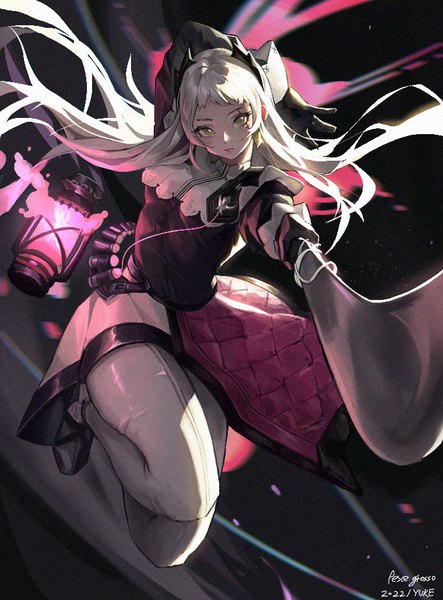 Anime picture 683x926 with arknights irene (arknights) yuke single long hair tall image looking at viewer brown eyes signed silver hair horn (horns) dated arm behind head jumping girl dress gloves weapon sword black gloves