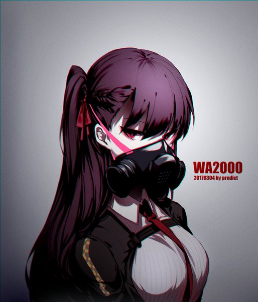 Anime picture 1200x1400 with girls frontline wa2000 (girls frontline) predict single long hair tall image looking at viewer breasts simple background red eyes purple hair character names one side up girl ribbon (ribbons) necktie respirator