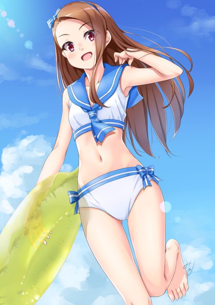 Anime picture 827x1169 with idolmaster minase iori miri (ago550421) single long hair tall image looking at viewer blush fringe open mouth brown hair purple eyes signed sky cloud (clouds) adjusting hair sailor collar sailor swimsuit (idolmaster) girl navel