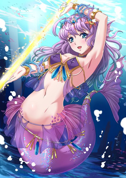 Anime picture 800x1131 with original chaki-yam single long hair tall image blush breasts open mouth blue eyes light erotic smile purple hair full body armpit (armpits) sideboob underwater monster girl girl navel choker