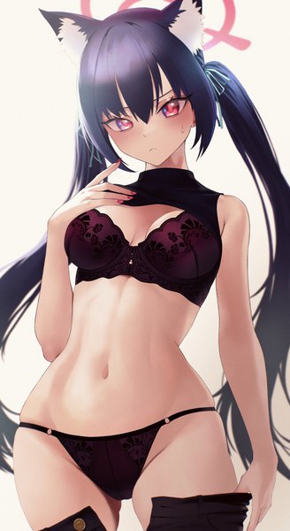 Anime picture 2065x3777 with blue archive serika (blue archive) kazane-wind single long hair tall image looking at viewer fringe highres breasts light erotic black hair simple background hair between eyes red eyes standing white background twintails animal ears payot