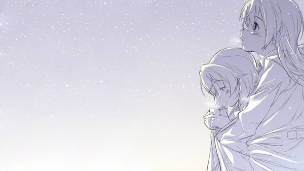 Anime picture 1500x844 with original tagme (artist) long hair blush short hair simple background wide image multiple girls profile grey hair black eyes grey background couple hug looking down monochrome snowing looking up winter exhalation