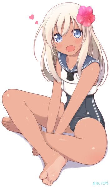 Anime picture 960x1601 with kantai collection ro-500 submarine u-511 submarine naturalton single long hair tall image looking at viewer blush open mouth blue eyes light erotic simple background white background sitting signed white hair hair flower tan indian style