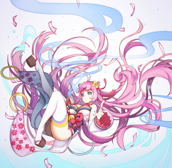 Anime picture 2983x2917 with original pixiv fantasia greetload single long hair looking at viewer highres breasts light erotic large breasts animal ears pink hair ahoge very long hair traditional clothes japanese clothes aqua eyes floating hair magic floral print
