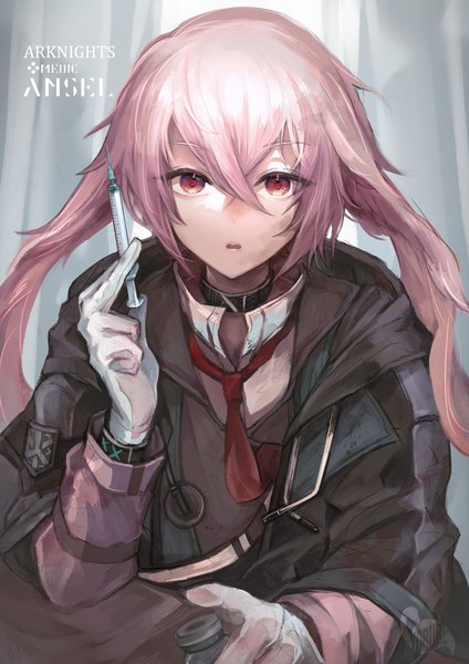 Anime picture 794x1123 with arknights ansel (arknights) miyoshi yorube single tall image looking at viewer fringe short hair hair between eyes animal ears pink hair pink eyes bunny ears copyright name character names boy gloves necktie white gloves syringe