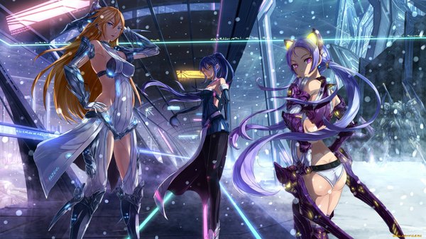 Anime picture 1920x1080 with original kazeno long hair highres breasts light erotic wide image multiple girls blue hair purple hair ass ponytail pink eyes looking back hand on hip snowing winter snow girl underwear