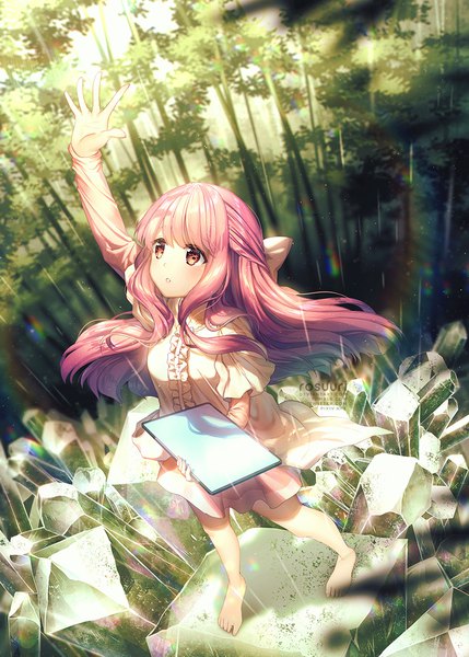 Anime picture 800x1119 with shelter (music video) rin (shelter) rosuuri single long hair tall image blush fringe hair between eyes red eyes standing signed pink hair full body long sleeves barefoot arm up from above wind blurry