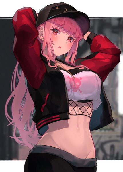 Anime picture 2591x3624 with virtual youtuber hololive hololive english mori calliope mori calliope (streetwear) roco (rocoroco1115) single long hair tall image looking at viewer blush fringe highres breasts open mouth large breasts standing pink hair ponytail blunt bangs