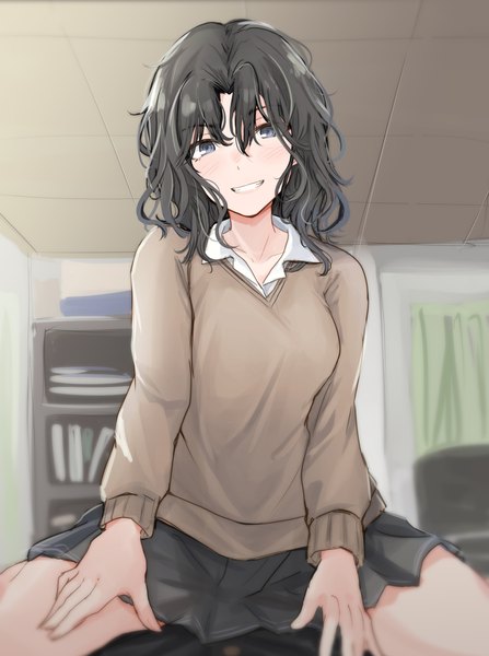 Anime picture 1491x2000 with amagami tanamachi kaoru unu (unucence) long hair tall image fringe open mouth light erotic black hair smile hair between eyes indoors long sleeves :d black eyes spread legs grin solo focus pov girl on top