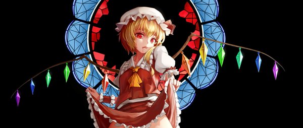 Anime picture 1412x600 with touhou flandre scarlet yunsang single long hair looking at viewer blonde hair simple background red eyes wide image ponytail puffy sleeves side ponytail black background skirt lift vampire girl skirt wings frills