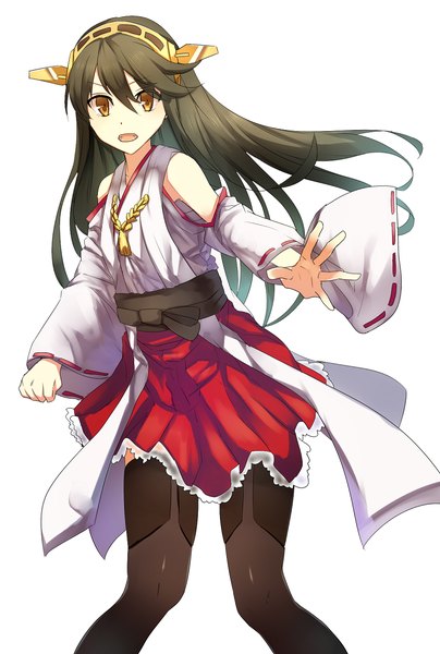 Anime picture 800x1188 with kantai collection haruna battleship ashiwara yuu single long hair tall image looking at viewer black hair simple background white background brown eyes traditional clothes girl hair ornament detached sleeves thigh boots