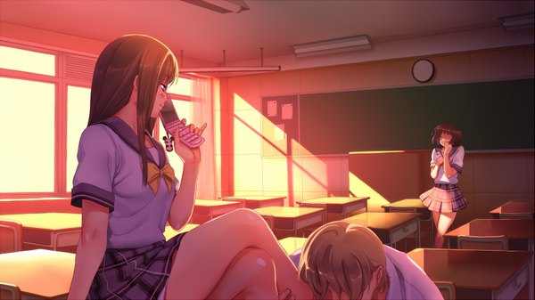 Anime picture 1581x890 with original smoke (flyx21) long hair short hair smile brown hair wide image sitting multiple girls brown eyes pleated skirt sunlight embarrassed crossed legs turning head evening sunset classroom naughty face femdom